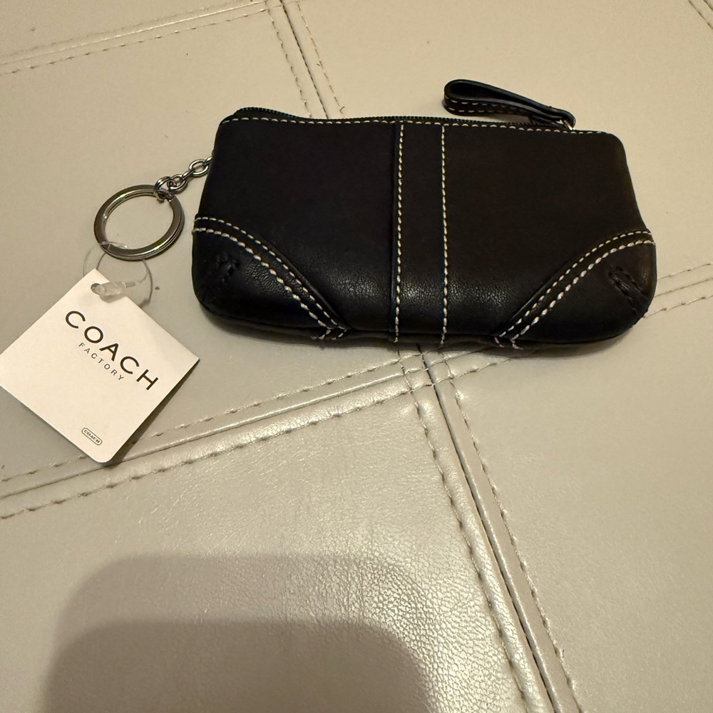 NWT Vintage Coach wristlet keychain Black Leather with White Stitching
